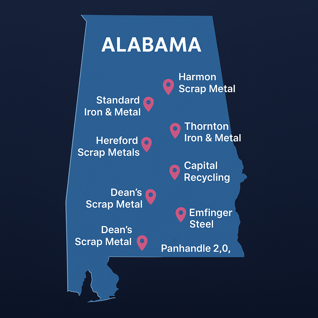 Map showing scrap yard locations across Alabama